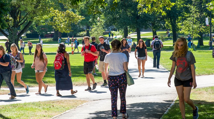 A group of students walking across the oval at The Ohio State University