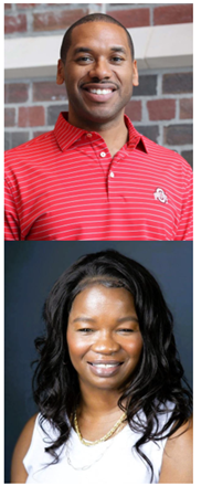 Two photos together. Top photo is man in red striped Ohio State polo shirt smiling at camera. Bottom picture is woman in white tank top smiling at camera.