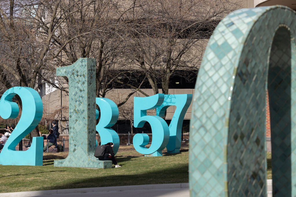 Large blue number statues.