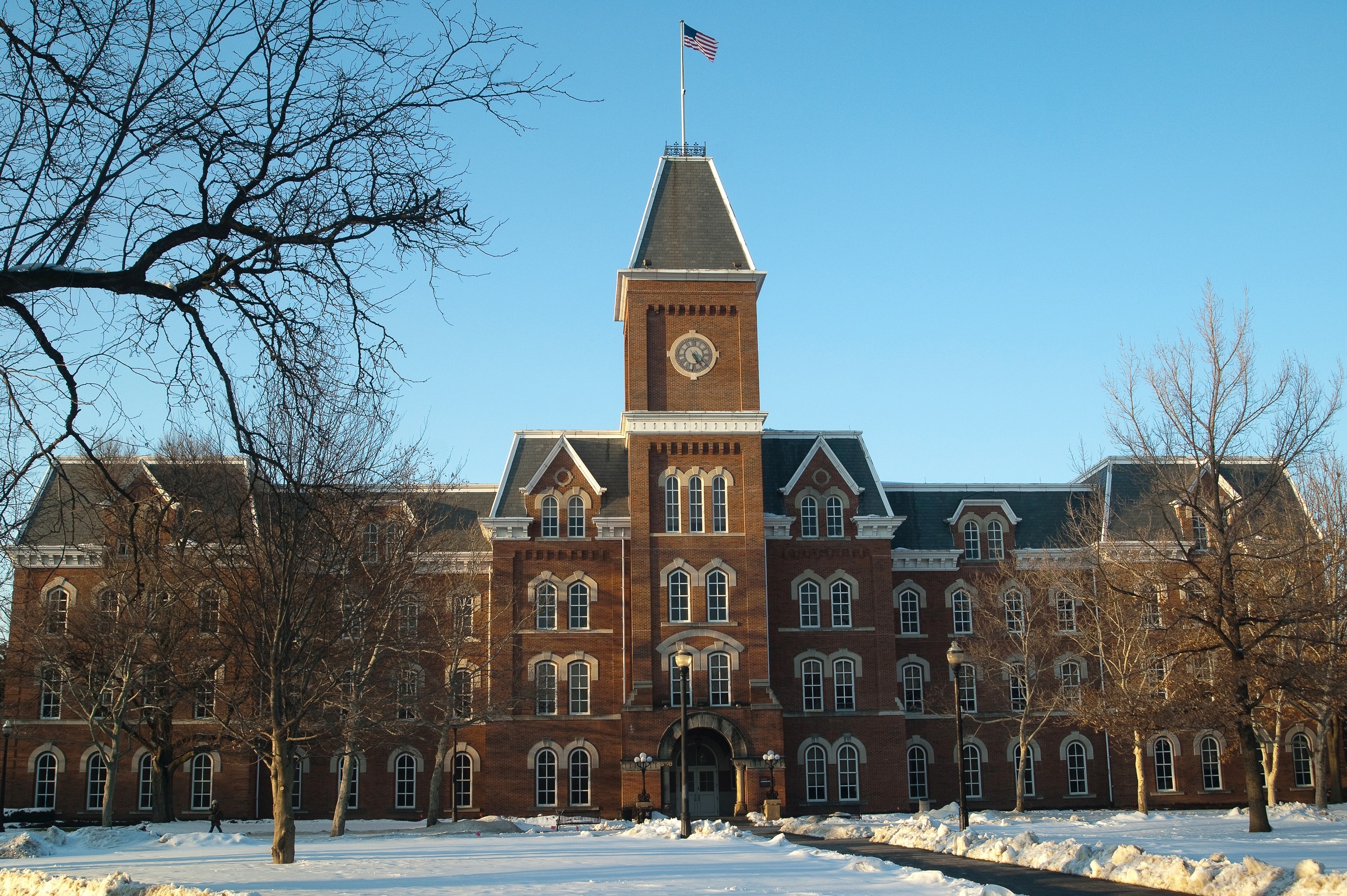 The Ohio State University University Hall building with snow on the floor
